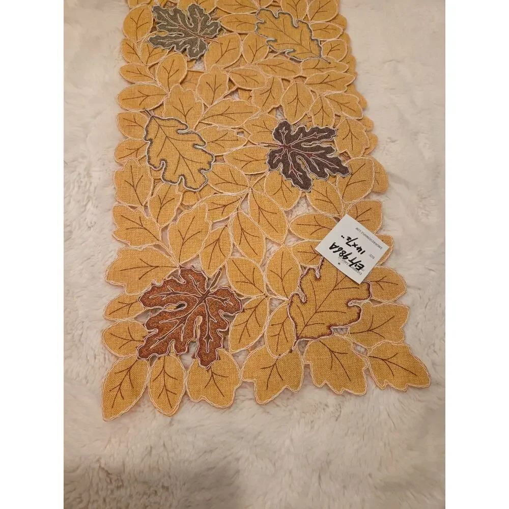 Fall Leaves Table Runner 14x72 Golden Yellow Embroidered Cutwork EF4986A Rare